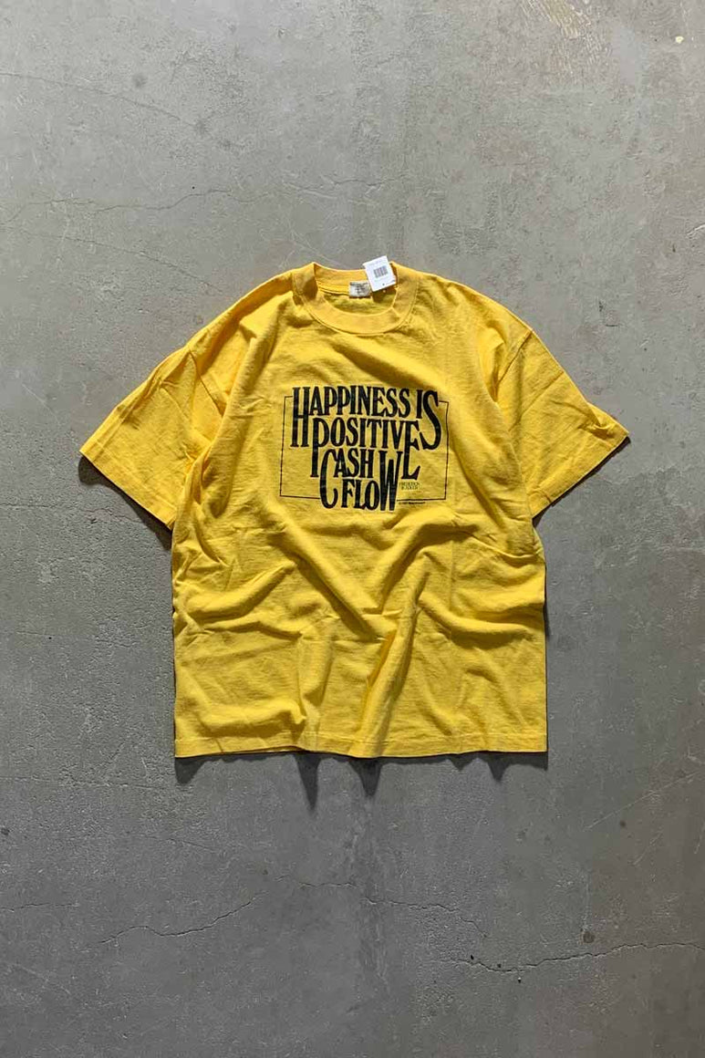 MADE IN USA 80'S HAPPINESS IS POSITIVE CASH FLOW GRAPHIC T-SHIRT/ YELLOW [SIZE: S USED]