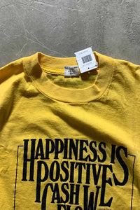 MADE IN USA 80'S HAPPINESS IS POSITIVE CASH FLOW GRAPHIC T-SHIRT/ YELLOW [SIZE: S USED]