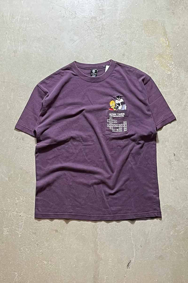 MADE IN USA 90'S CROSSWORDS POCKET T-SHIRT / DUSTY PURPLE [SIZE: M USED]