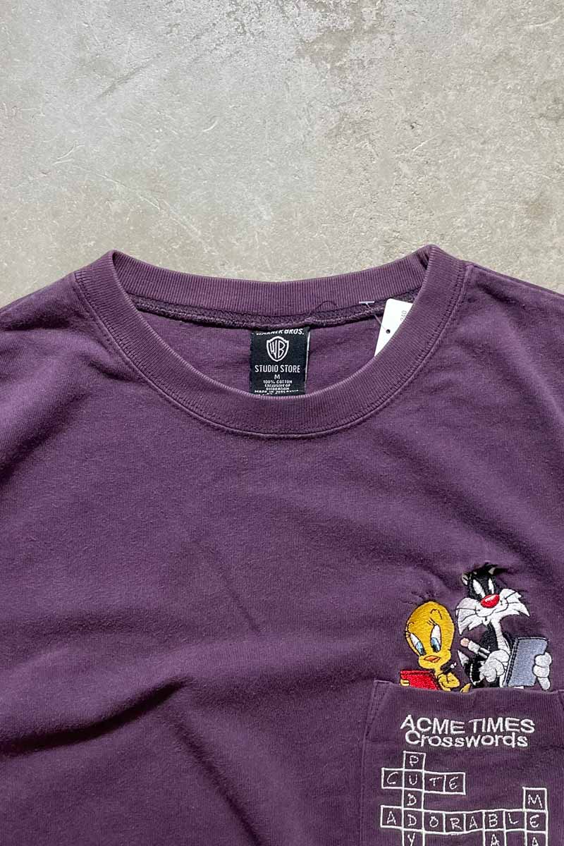 MADE IN USA 90'S CROSSWORDS POCKET T-SHIRT / DUSTY PURPLE [SIZE: M USED]