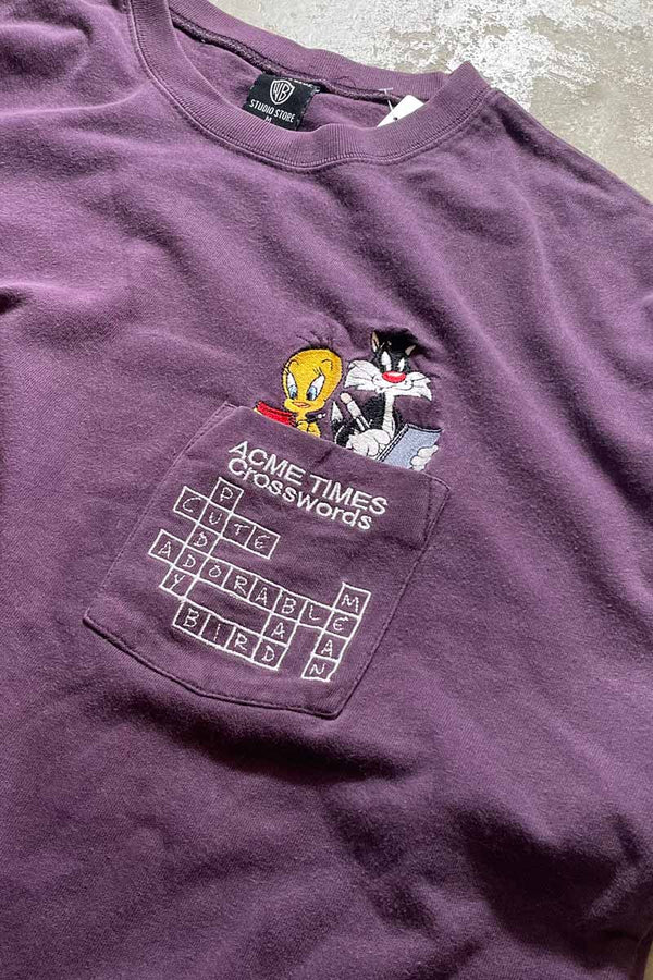 MADE IN USA 90'S CROSSWORDS POCKET T-SHIRT / DUSTY PURPLE [SIZE: M USED]