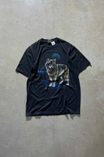 画像をギャラリービューアに読み込む, MADE IN USA 80&#39;S WOLF PRINT ANIMAL T-SHIRT / BLACK [SIZE: L USED]
