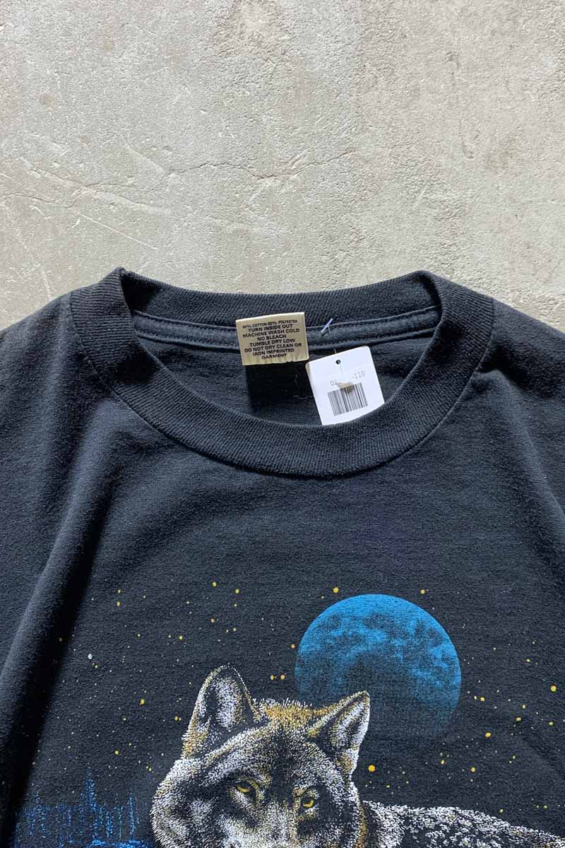 MADE IN USA 80'S WOLF PRINT ANIMAL T-SHIRT / BLACK [SIZE: L USED]