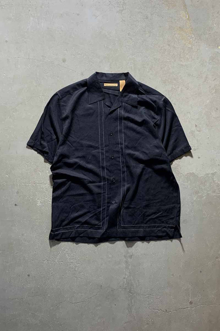 90'S OPEN COLLAR LINEN S/S SHIRT/ BLACK  [SIZE:L USED]