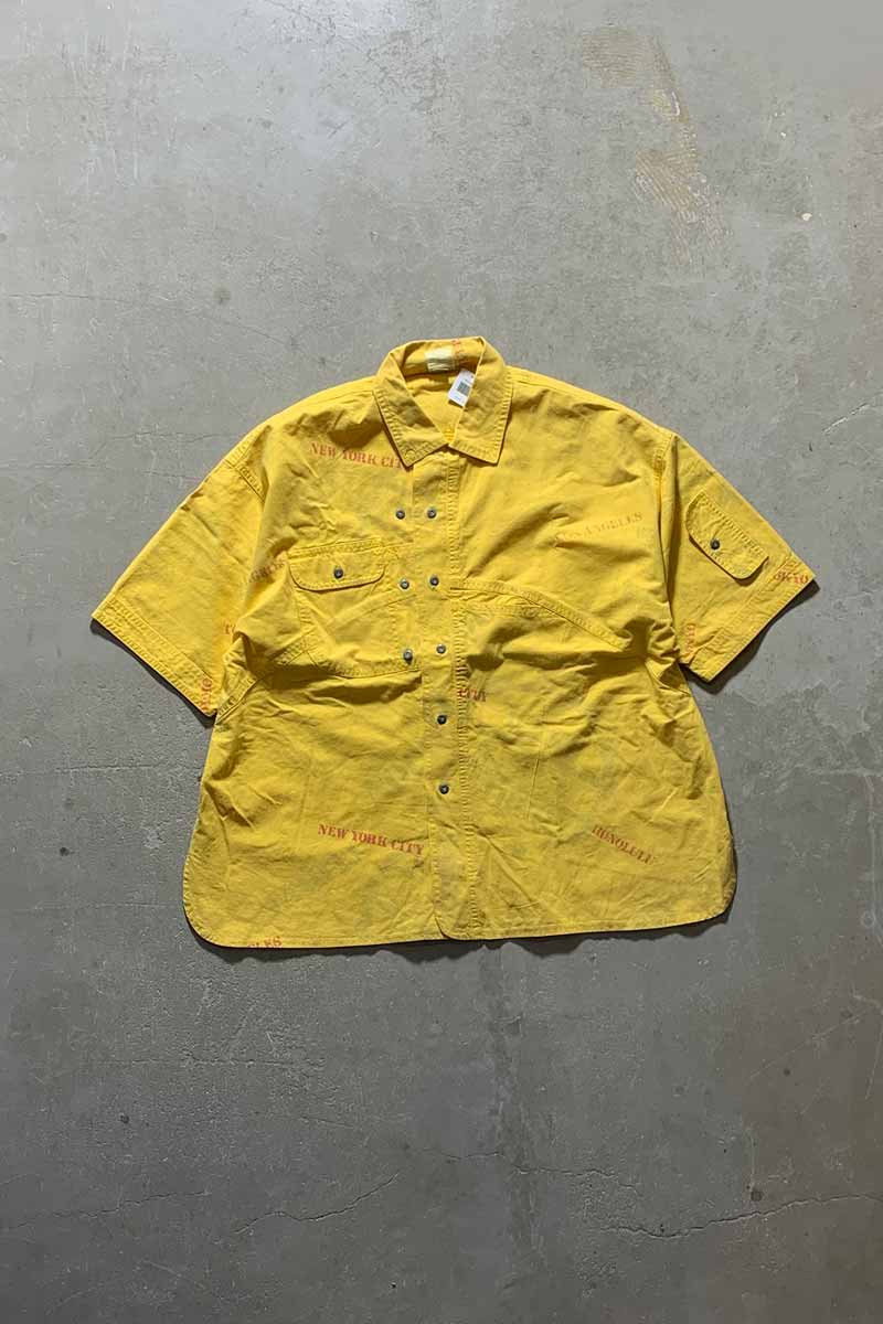 80-90'S COTTON DESIGN S/S SHIRT/ YELLOW [SIZE:L USED]