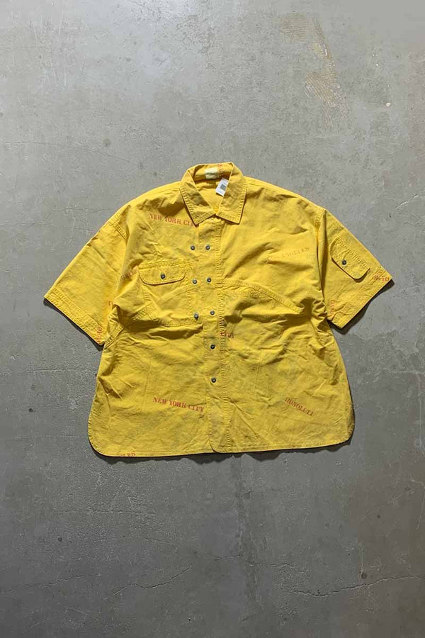80-90'S COTTON DESIGN S/S SHIRT/ YELLOW [SIZE:L USED]