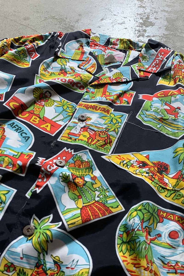 MADE IN USA 80s-90s OPEN COLLAR S/S RAYON HAWAIIAN SHIRT/ MULTI [SIZE:M USED]