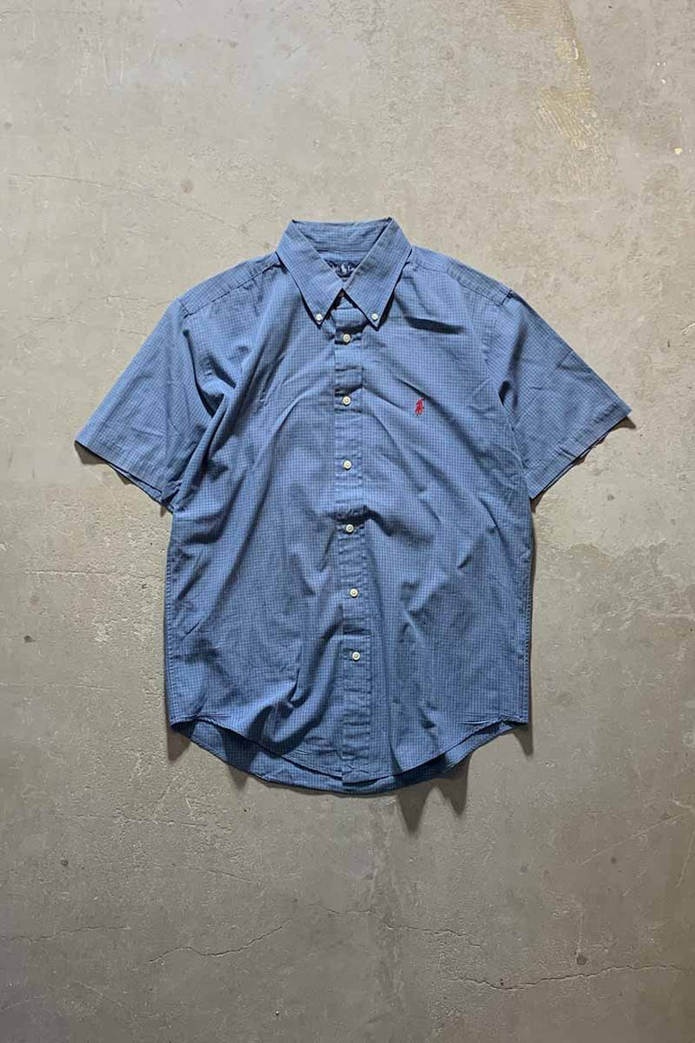 90'S COTTON CHECK S/S CUSTOM FIT SHIRT / NAVY  [SIZE:L USED]