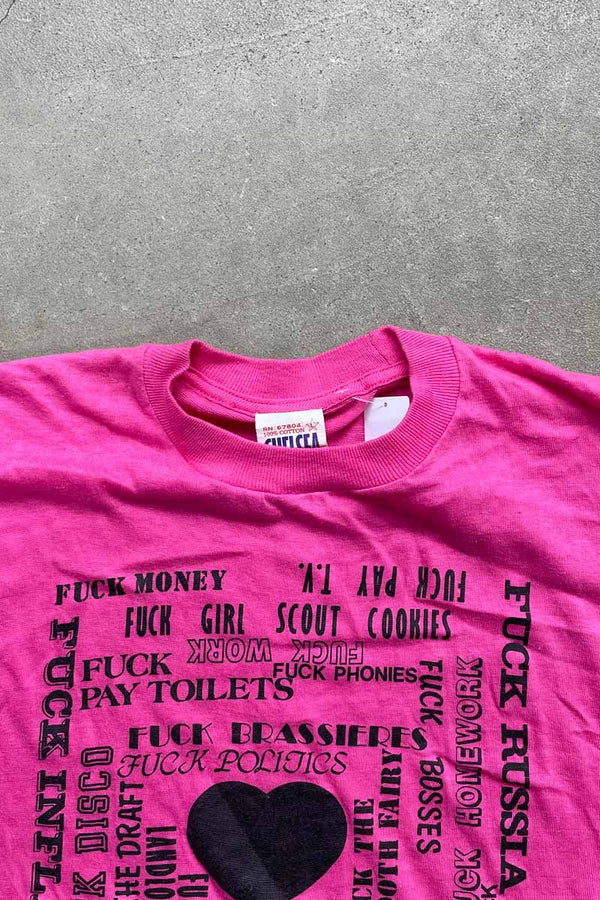 MADE IN PAKISTAN 90'S FUCK PRINT MESSAGE T-SHIRT / PINK [SIZE: M USED]