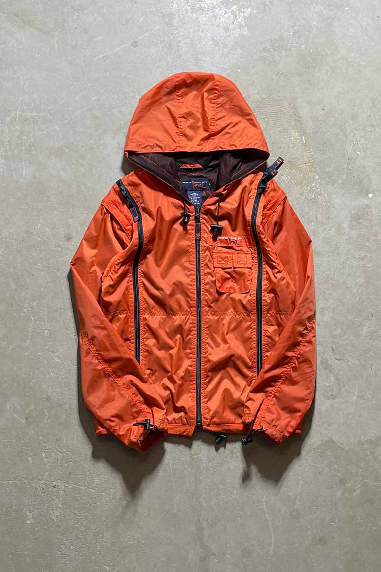 90-00'S 2WAY ZIP UP RIP STOP NYLON HOODIE JACKET / ORANGE [SIZE: L USED]