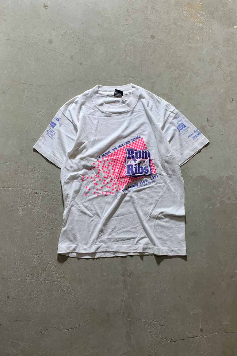 MADE IN USA 90'S RUN FOR THE RIBS PRINT T-SHIRT/ WHITE [SIZE: L USED]