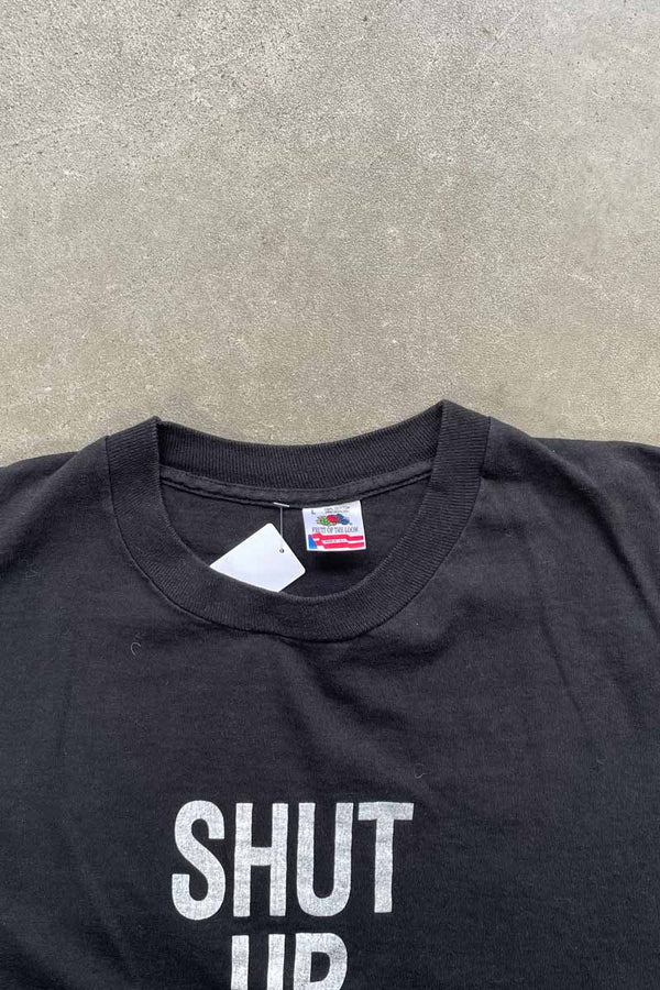 MADE IN USA 90'S S/S SHUT UP PRINT MESSAGE T-SHIRT / BLACK [SIZE: L USED]
