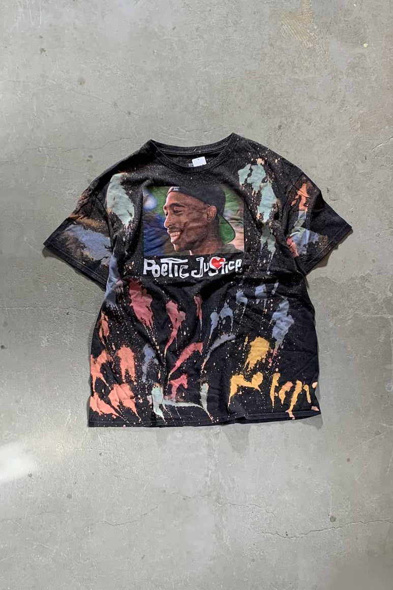 2PAC PRINT BLEACHED HIP HOP T-SHIRT / BLACK [SIZE: XL USED]