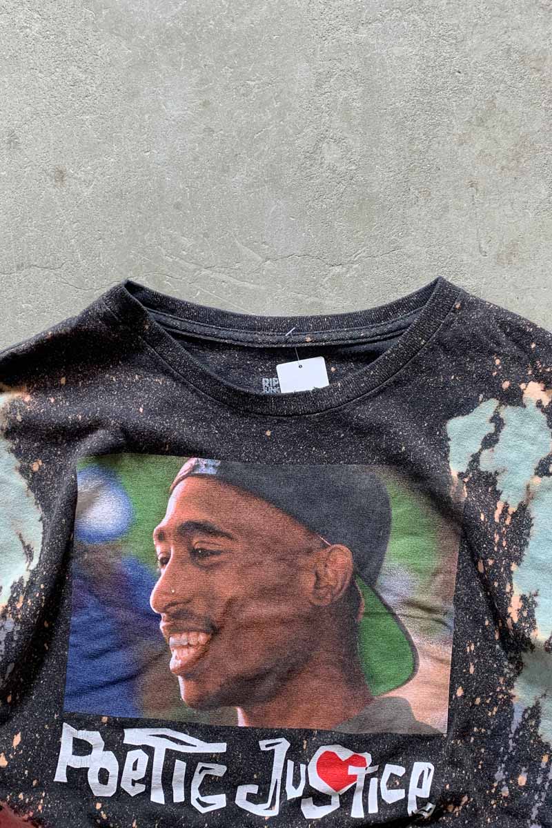 2PAC PRINT BLEACHED HIP HOP T-SHIRT / BLACK [SIZE: XL USED]