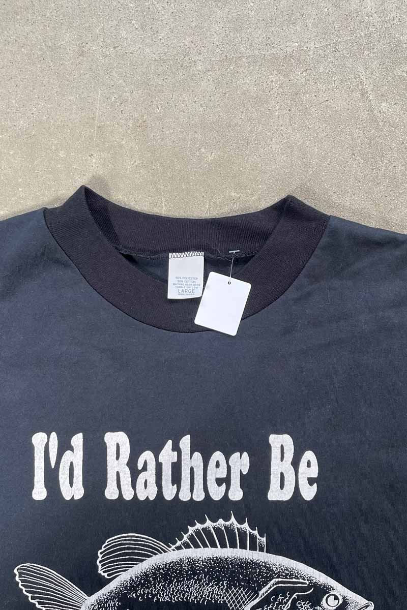 MADE IN USA 90'S S/S I'D RATHER BE FISHING PRINT MESSAGE T-SHIRT / BLACK [SIZE: L DEADSTOCK/NOS]