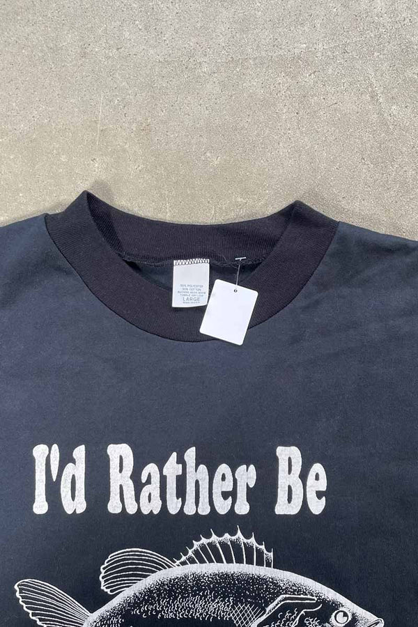 MADE IN USA 90'S S/S I'D RATHER BE FISHING PRINT MESSAGE T-SHIRT / BLACK [SIZE: L DEADSTOCK/NOS]