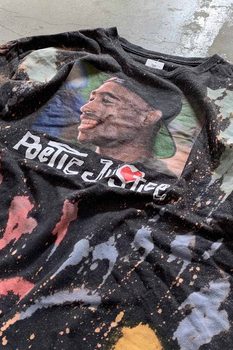 2PAC PRINT BLEACHED HIP HOP T-SHIRT / BLACK [SIZE: XL USED]