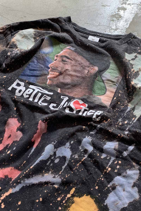 2PAC PRINT BLEACHED HIP HOP T-SHIRT / BLACK [SIZE: XL USED]