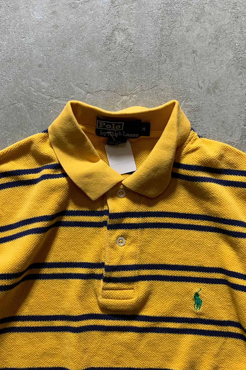 90'S COTTON BORDER S/S POLO SHIRT/ YELLOW [SIZE:M USED]