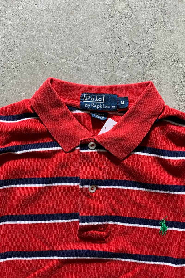 90s BORDER S/S POLO SHIRT / RED [SIZE: M USED]