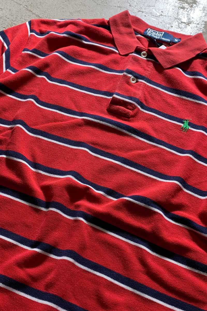 90s BORDER S/S POLO SHIRT / RED [SIZE: M USED]