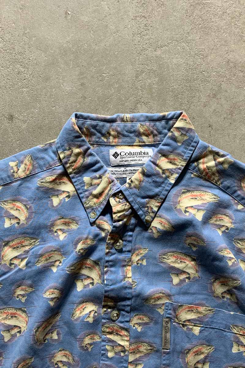 90'S B.D FISH PATTERN S/S SHIRT / BLUE [SIZE:L USED]