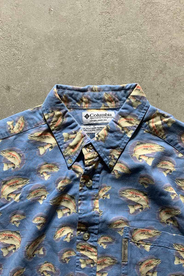 90'S B.D FISH PATTERN S/S SHIRT / BLUE [SIZE:L USED]