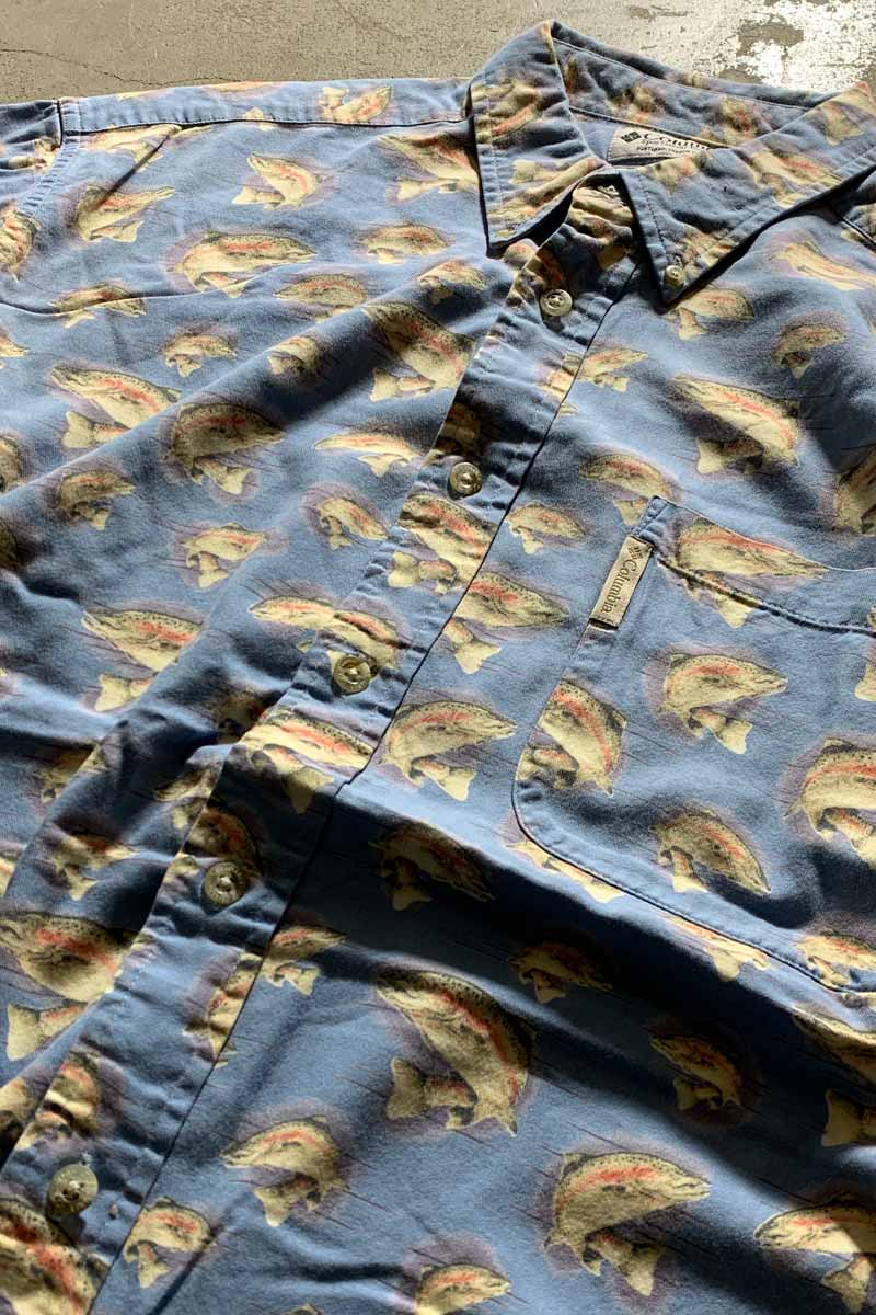 90'S B.D FISH PATTERN S/S SHIRT / BLUE [SIZE:L USED]