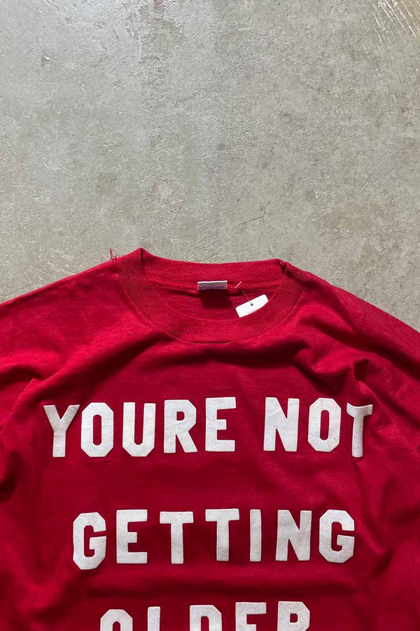 80'S JUST BETTER 50 S/S MESSAGE TEE SHIRT / RED / WHITE [SIZE: XL DEADSTOCK/NOS]