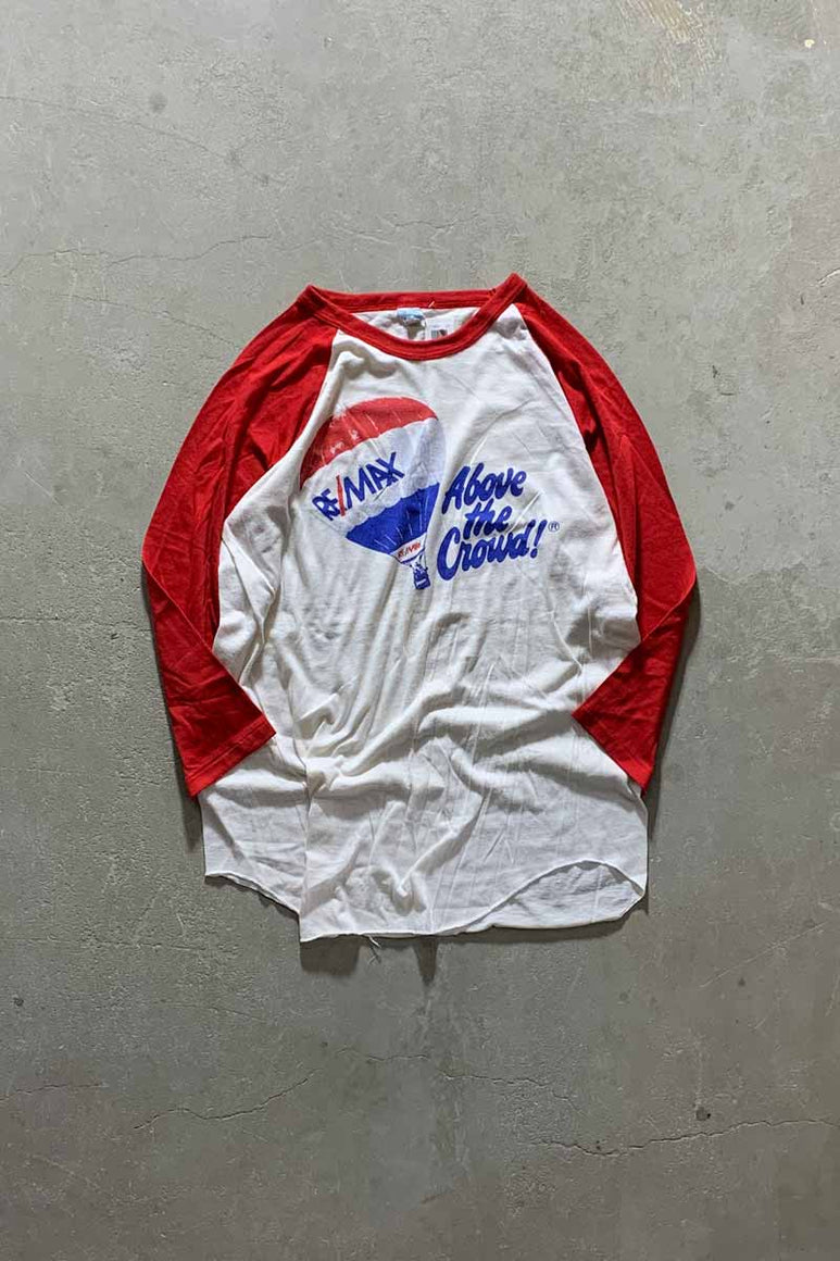 MADE IN USA 80'S RE/MAX DVERTISING RINGER RAGRAN T-SHIRT/ RED [SIZE: XL USED]