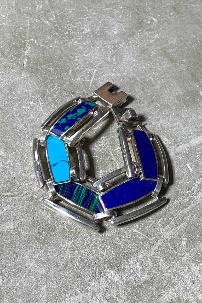 MADE IN MEXICO 925 SILVER BRACELET W/AZURITE / TURQUOISE / LAPIS LAZULI [SIZE: ONE SIZE USED]