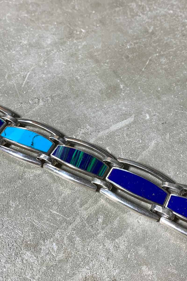 MADE IN MEXICO 925 SILVER BRACELET W/AZURITE / TURQUOISE / LAPIS LAZULI [SIZE: ONE SIZE USED]