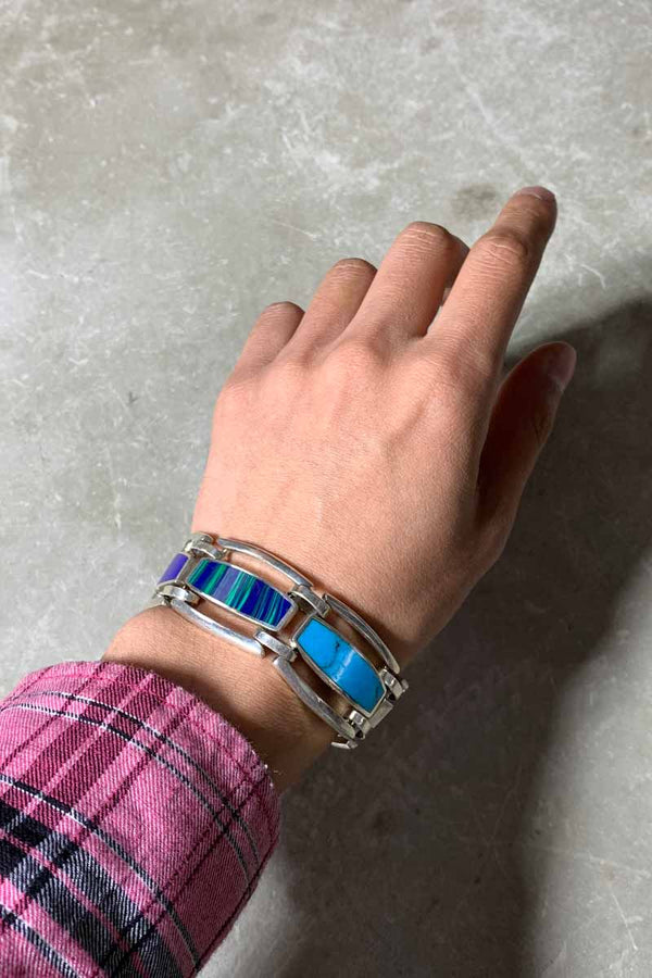 MADE IN MEXICO 925 SILVER BRACELET W/AZURITE / TURQUOISE / LAPIS LAZULI [SIZE: ONE SIZE USED]