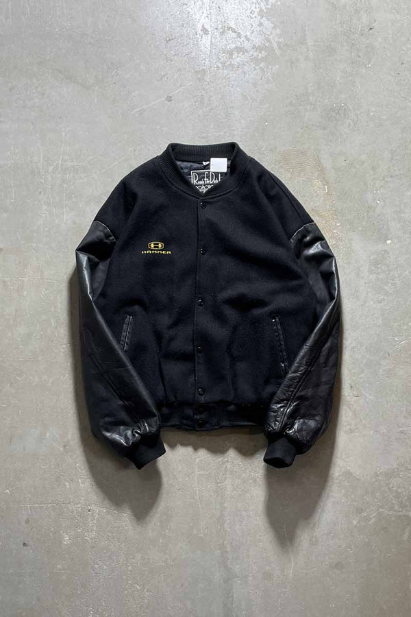 90'S HAMMER BACK EMBROIDERY STADIUM JACKET W/QUILTING LINER / BLACK [SIZE: XL USED]