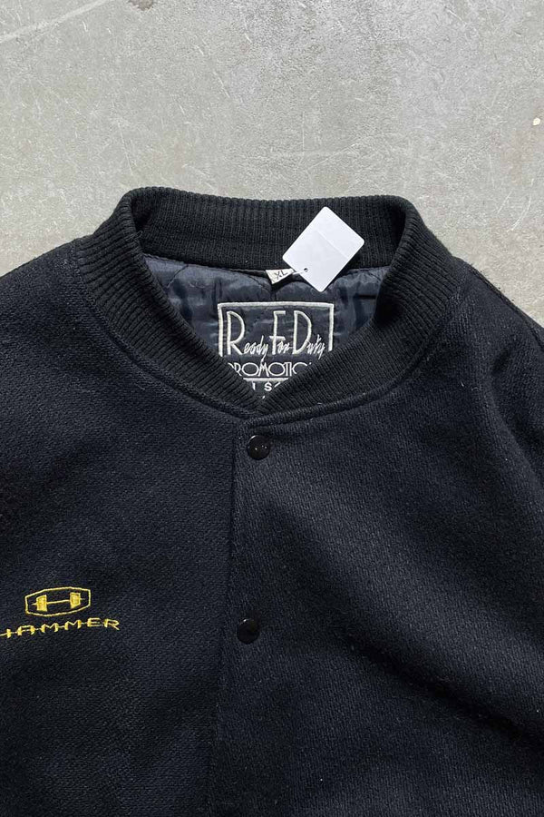 90'S HAMMER BACK EMBROIDERY STADIUM JACKET W/QUILTING LINER / BLACK [SIZE: XL USED]