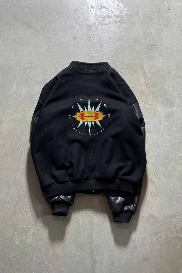 90'S HAMMER BACK EMBROIDERY STADIUM JACKET W/QUILTING LINER / BLACK [SIZE: XL USED]