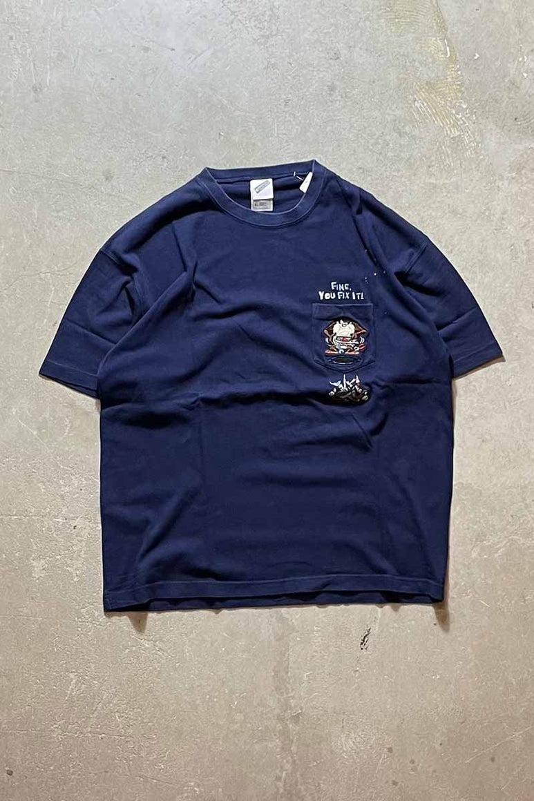90'S S/S YOU FIX IT EMBROIDERY POCKET T-SHIRT / NAVY [SIZE: XL USED]