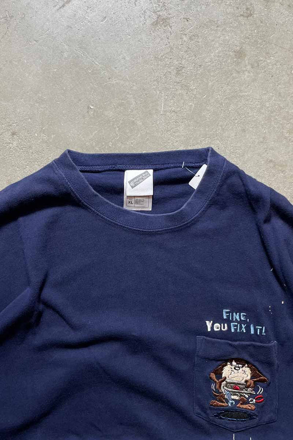 90'S S/S YOU FIX IT EMBROIDERY POCKET T-SHIRT / NAVY [SIZE: XL USED]