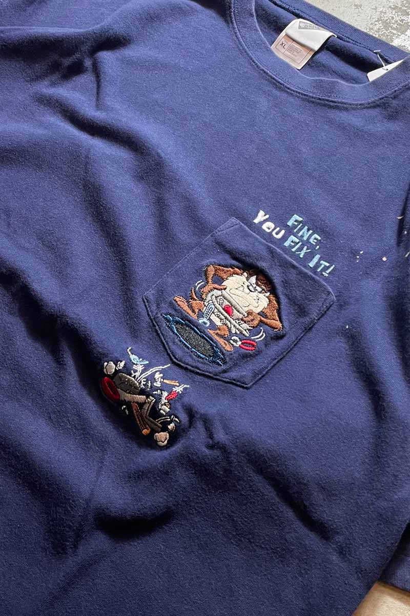 90'S S/S YOU FIX IT EMBROIDERY POCKET T-SHIRT / NAVY [SIZE: XL USED]