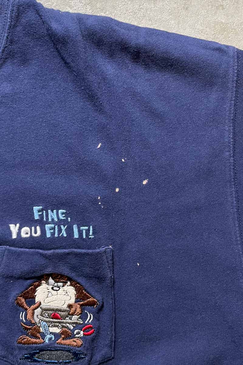 90'S S/S YOU FIX IT EMBROIDERY POCKET T-SHIRT / NAVY [SIZE: XL USED]