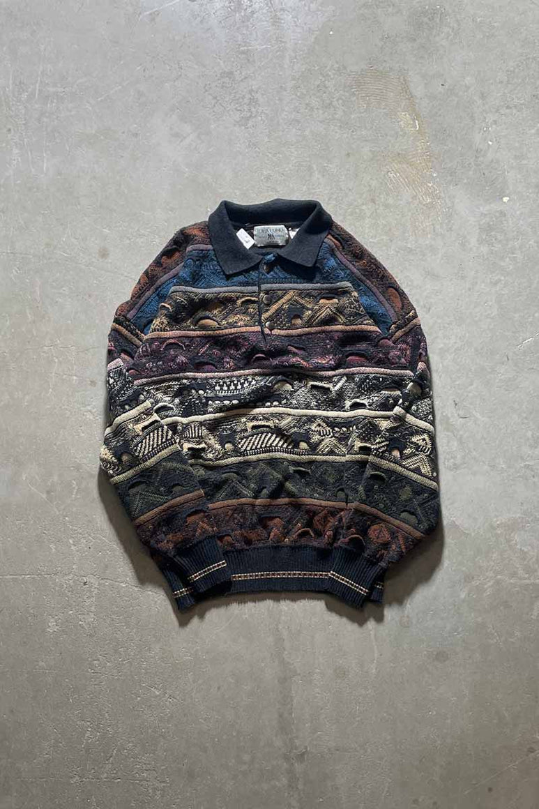 MADE IN BULGARIA 90-00'S 3D DESIGN KNIT PORO SHIRT / MULTI [SIZE: L USED]