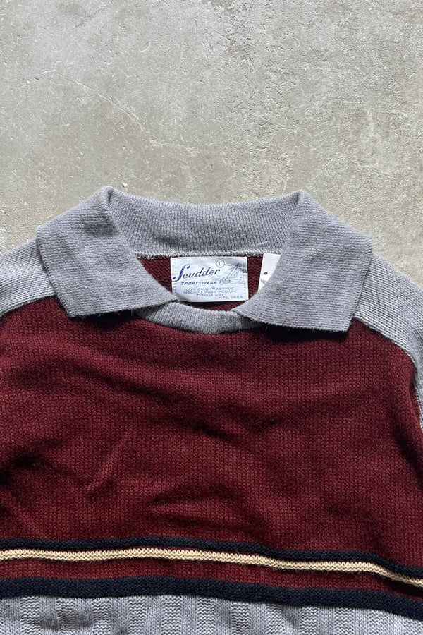 80'S ACRYLIC KNIT POLO SHIRT / GRAY [SIZE: L USED]