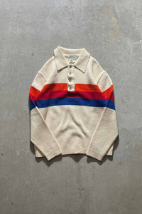 70'S BORDER WOOL KNIT POLO SHIRT / WHITE [SIZE: M USED]