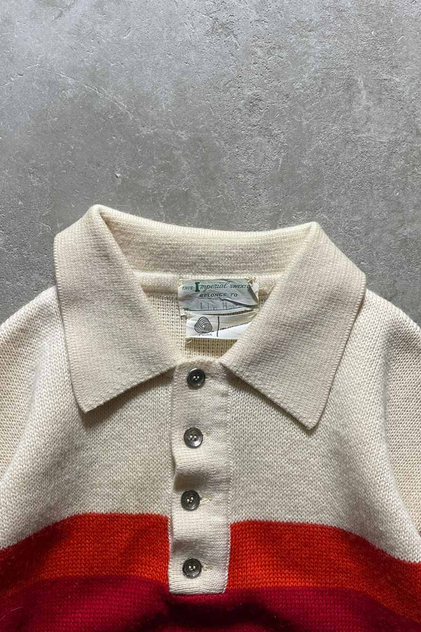 70'S BORDER WOOL KNIT POLO SHIRT / WHITE [SIZE: M USED]