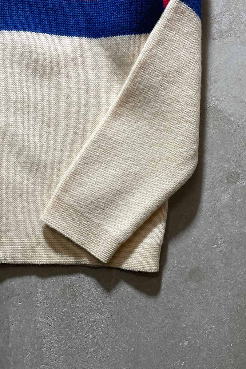 70'S BORDER WOOL KNIT POLO SHIRT / WHITE [SIZE: M USED]