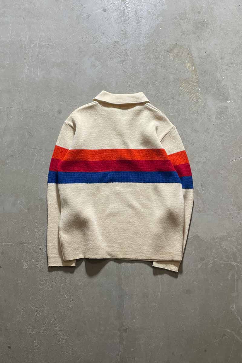 70'S BORDER WOOL KNIT POLO SHIRT / WHITE [SIZE: M USED]