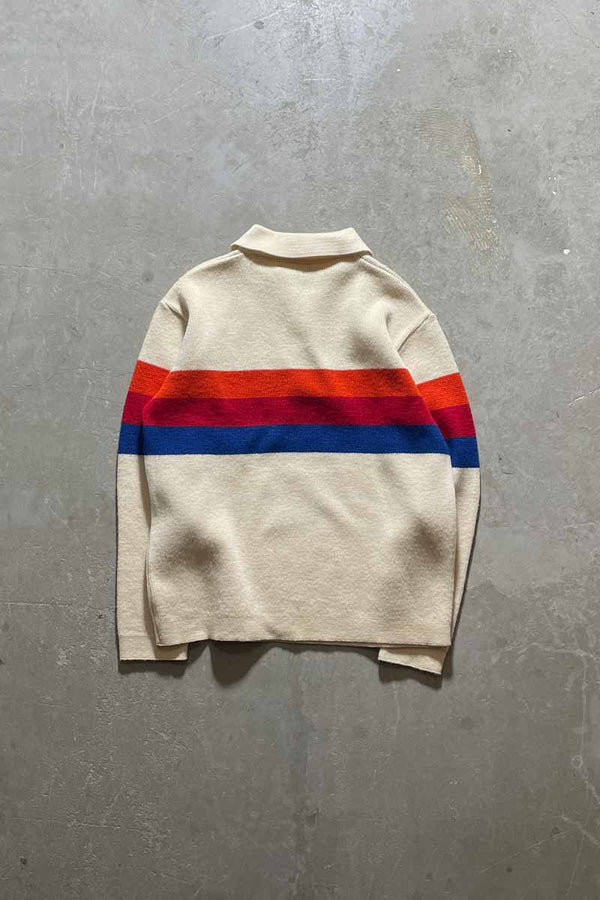 70'S BORDER WOOL KNIT POLO SHIRT / WHITE [SIZE: M USED]