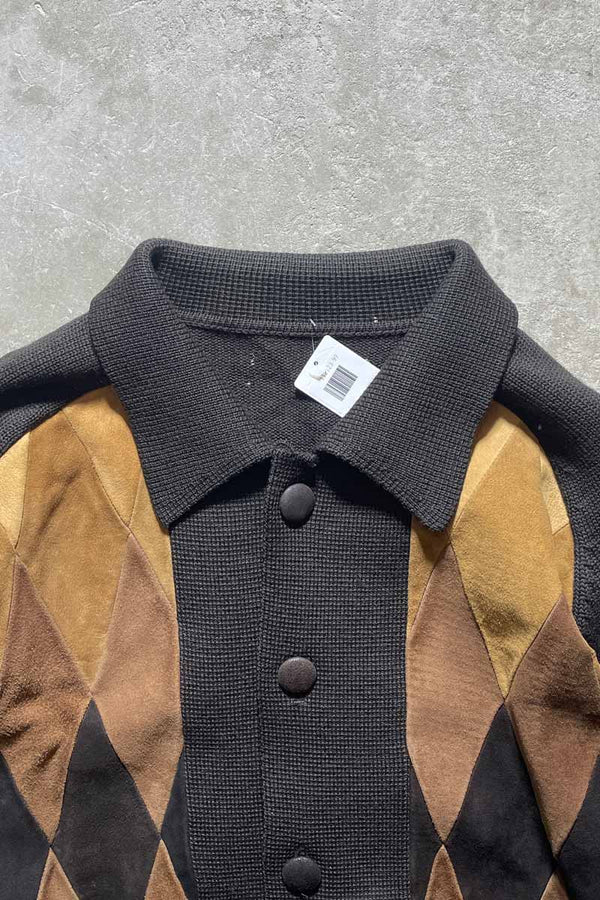 70'S SUEDE LEATHER ACRYLIC KNIT JACKET / BROWN [SIZE: XL USED]