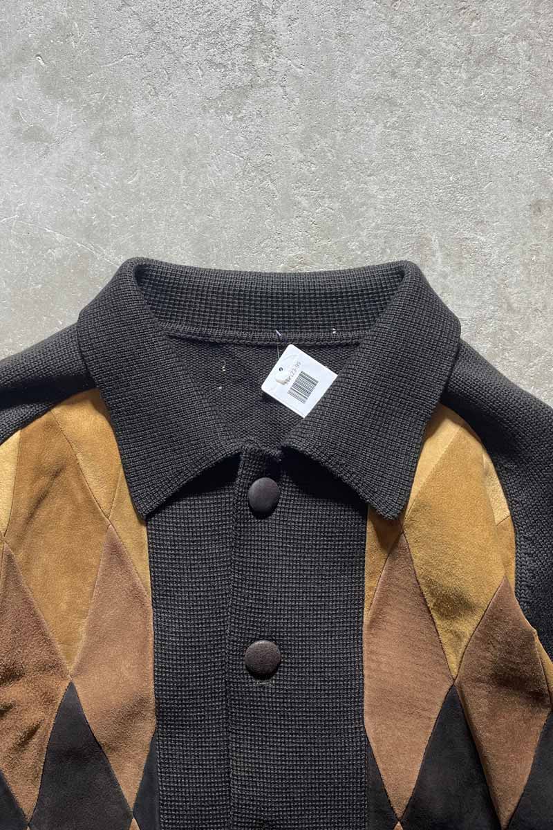 70'S SUEDE LEATHER ACRYLIC KNIT JACKET / BROWN [SIZE: XL USED]