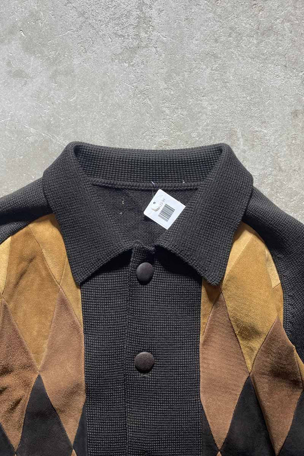70'S SUEDE LEATHER ACRYLIC KNIT JACKET / BROWN [SIZE: XL USED]